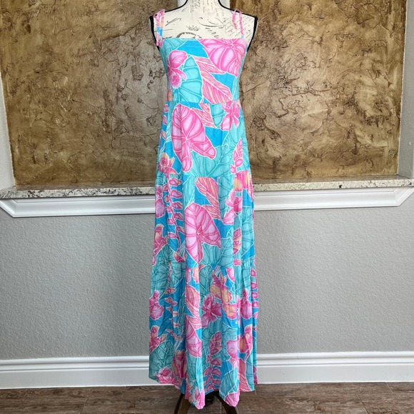 Kenny Flowers Floral Maxi Dress Large Tie Strap Turquoise Pink Beach Sundress - Picture 1 of 9